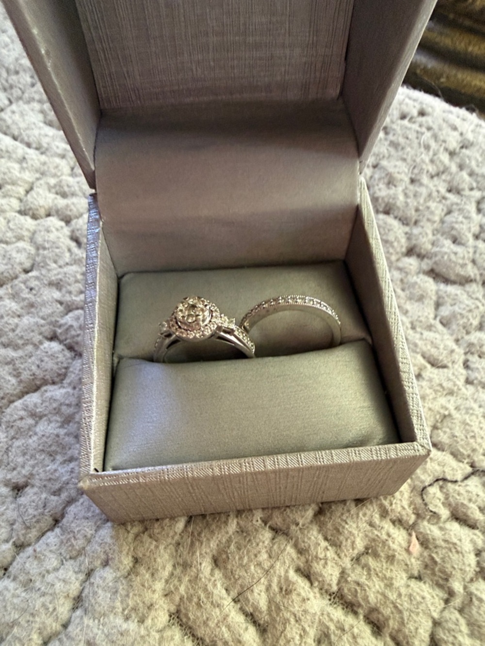 Zales Silver Halo Diamond Engagement Ring and Pavé Wedding Band Set